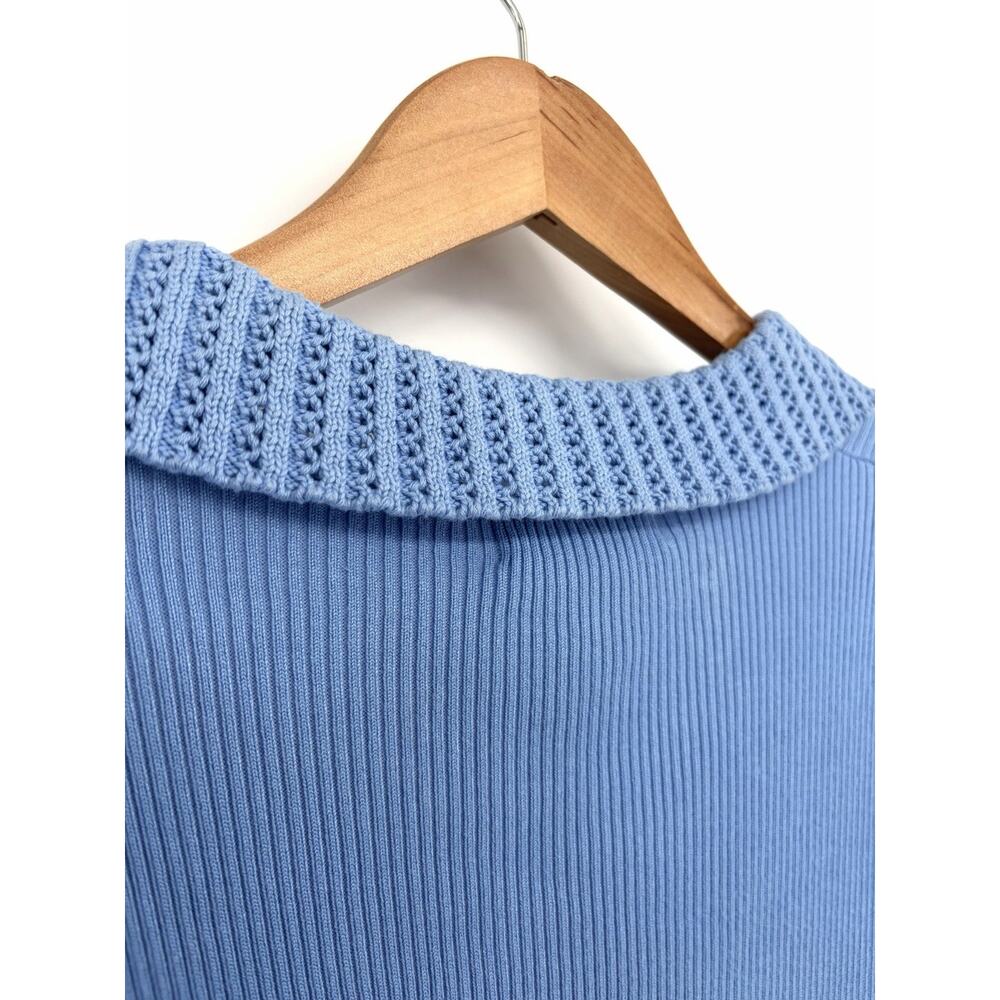 Halston Blue Ribbed Collared Top | Quiet Luxury Capsule Knit NWT French Coastal - Picture 5 of 11